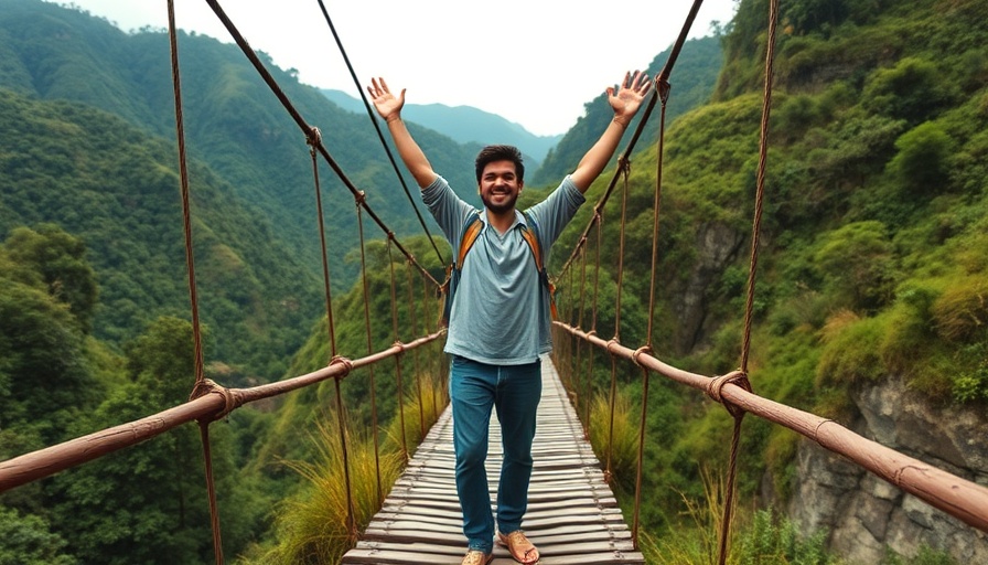 Traveler on bridge in Ecuador's lush mountains