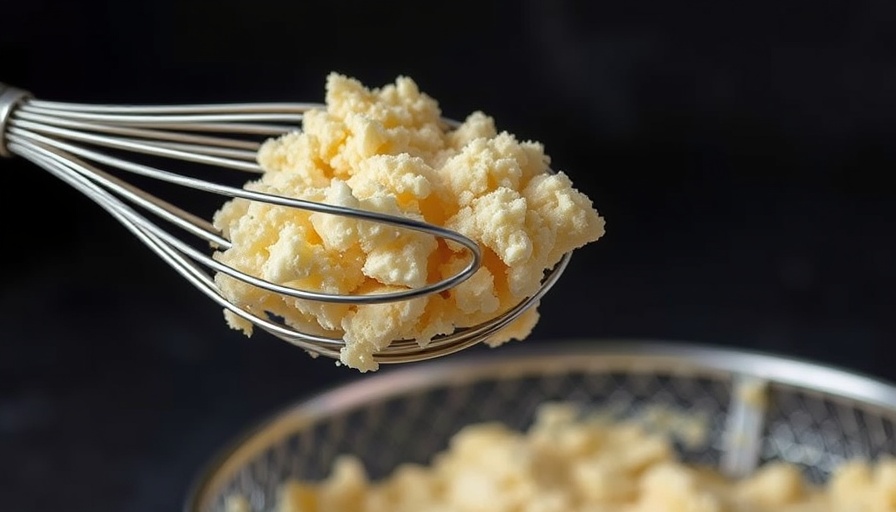 Whisk with cheesecake crumbs over a sieve, detailed close-up.