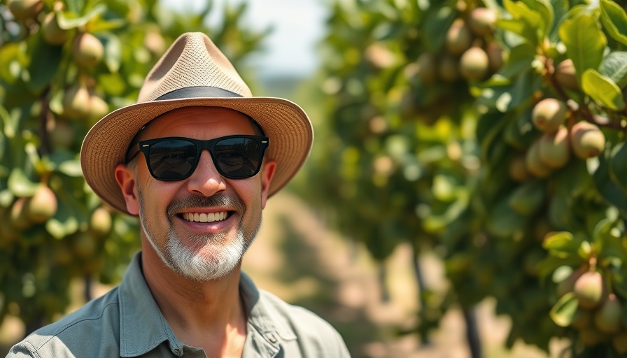 Man in hat and sunglasses smiling in a fig orchard.