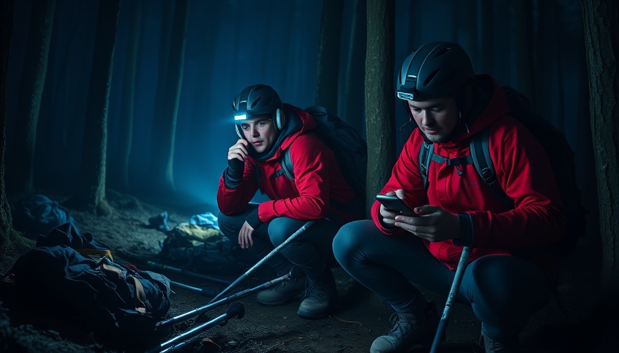 Hikers using emergency whistle in dark forest adventure.