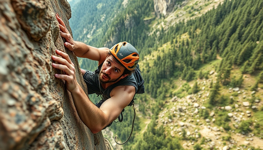 Climber scaling cliff on forested mountainside, digital climbing guidebook controversy.