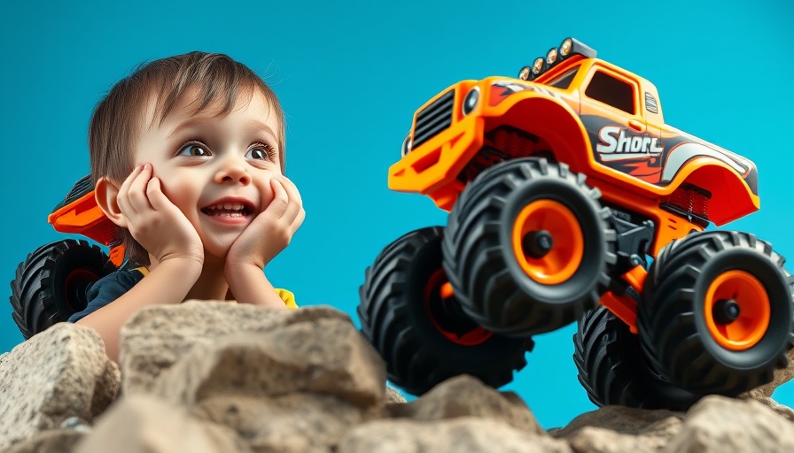 Excited child watching a toy monster truck compete.
