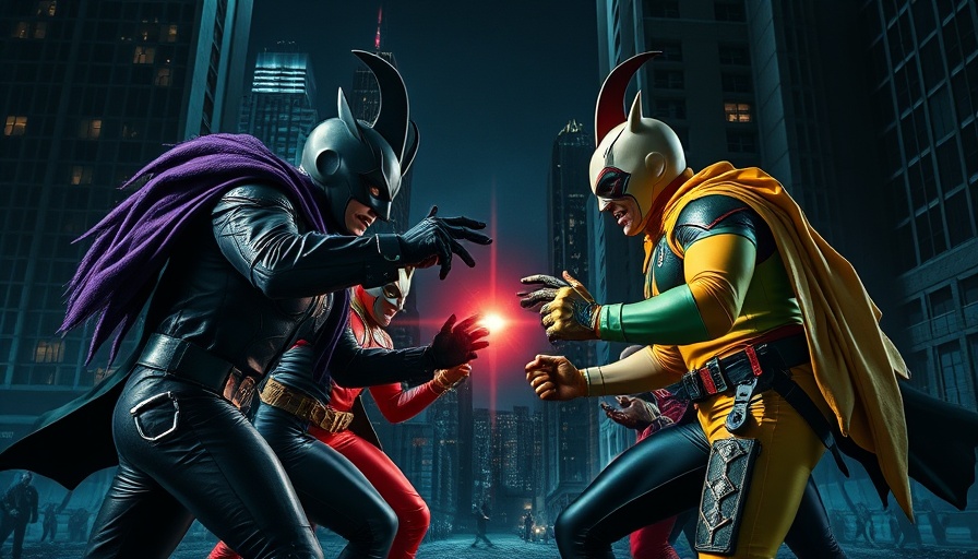 Villains and heroes face off in cinematic poster, highlighting weak conflict in storytelling.