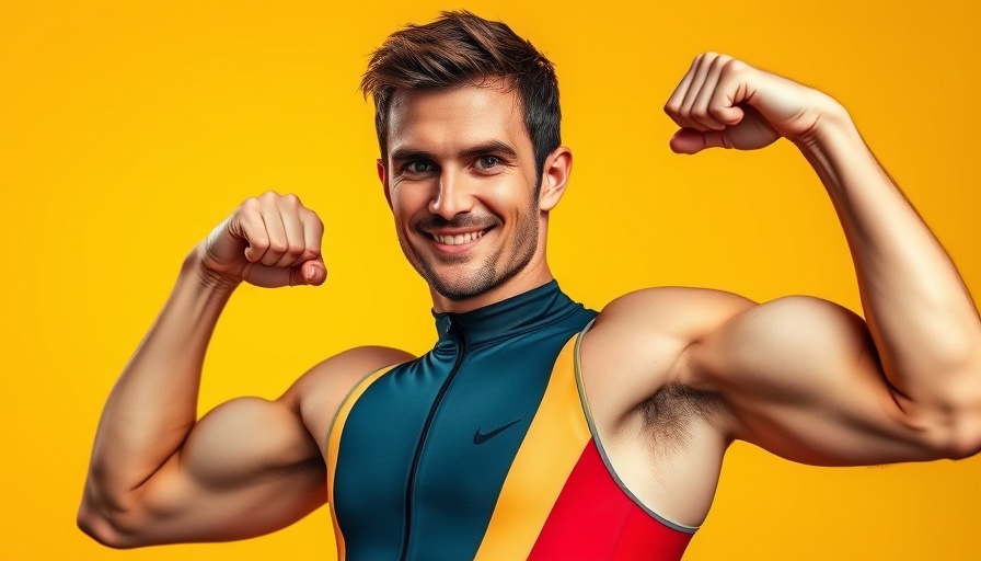 Athlete flexing in triathlon gear, showcasing strength and confidence.