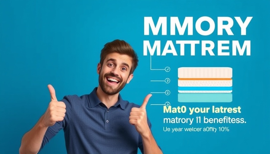 Memory foam mattress layers illustration and person with blue backdrop.