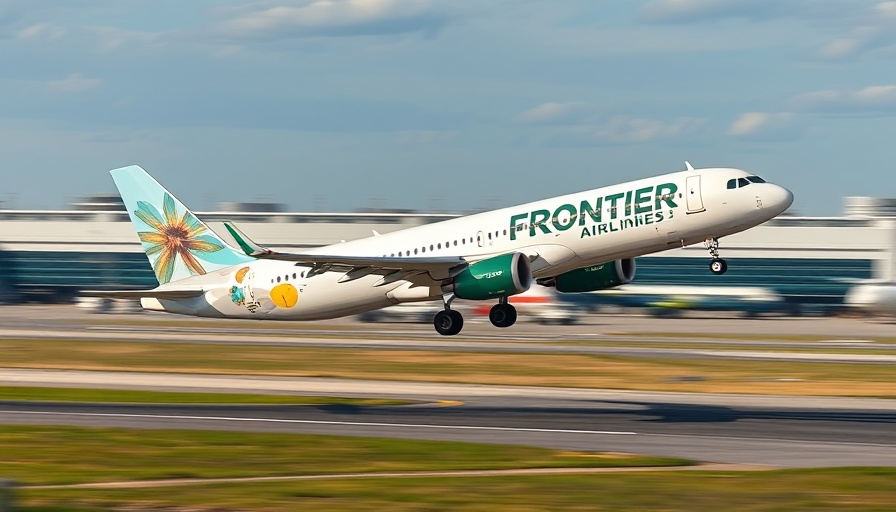 Frontier Airlines airplane taking off, airport runway scene.