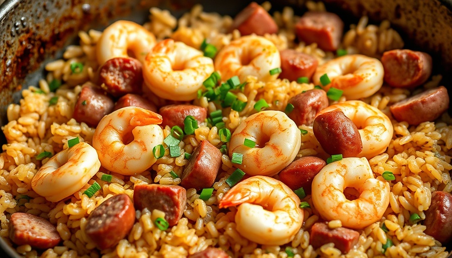 Shrimp and sausage dirty rice in a pan, rich and savory.