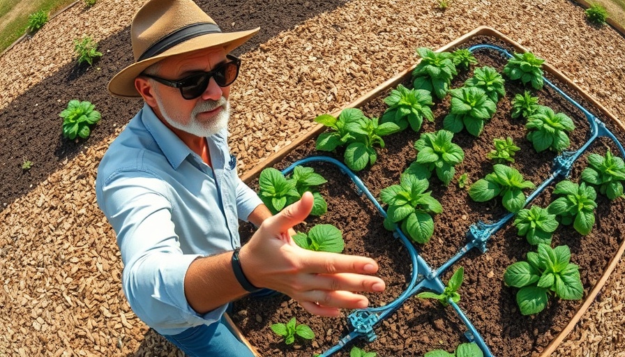 Person explaining drip irrigation setup for raised beds in garden.