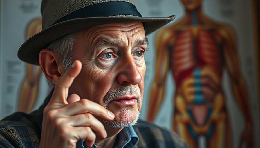 Older man gesturing for silence with anatomical illustration background.