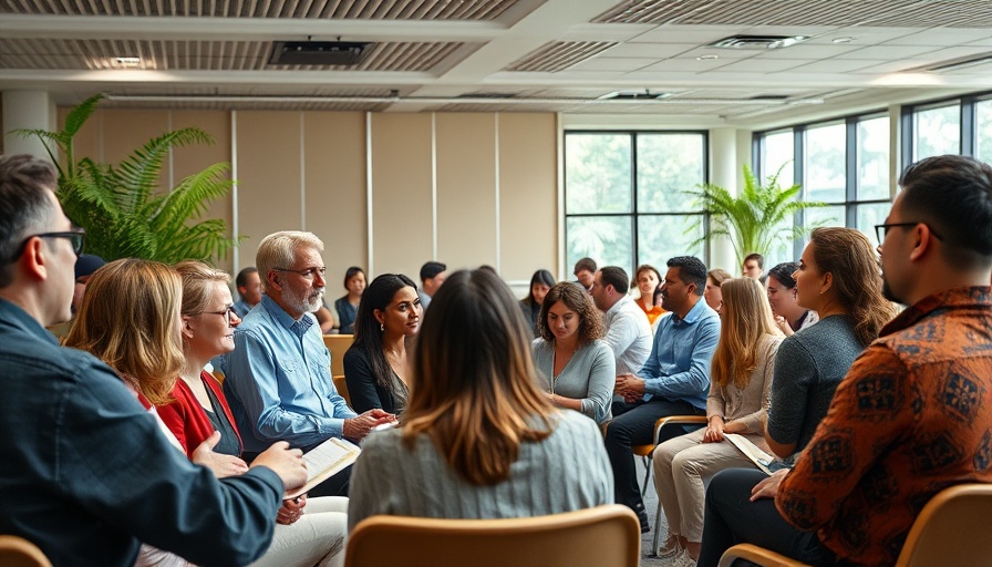 Diverse group discussing sustainability at a modern summit.