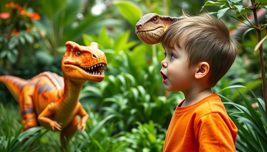 Excited boy with colorful dinosaur in vibrant garden, cartoon style.