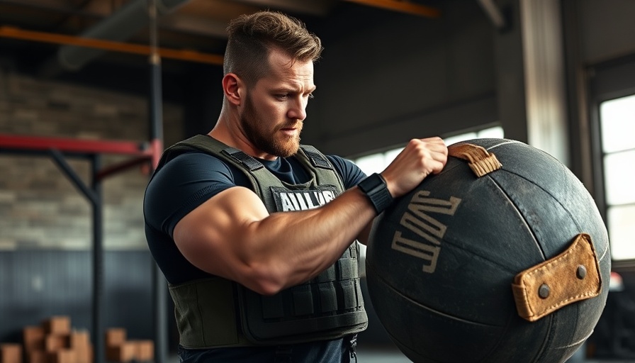 Athlete in tactical gear lifting sandbag in fitness environment.