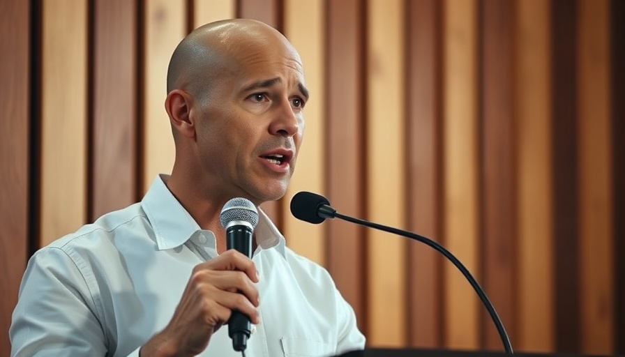 Man discussing SEO marketing with microphone, cinematic setting.