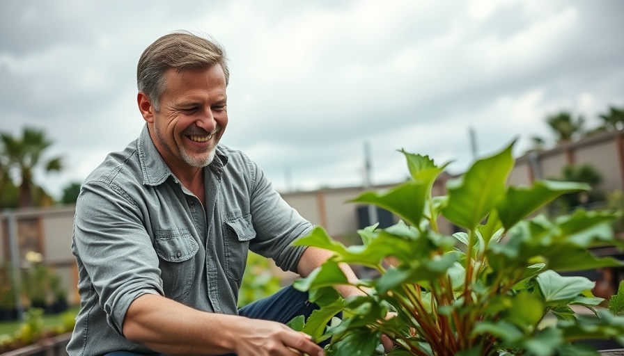 Fall gardening tips with man tending plant in lush garden