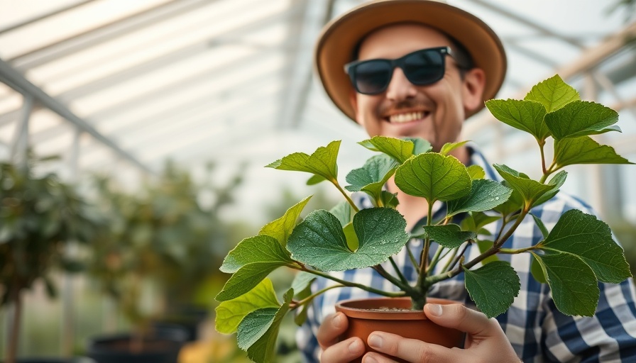 Man holding baby fig tree offering planting tips, in a greenhouse.