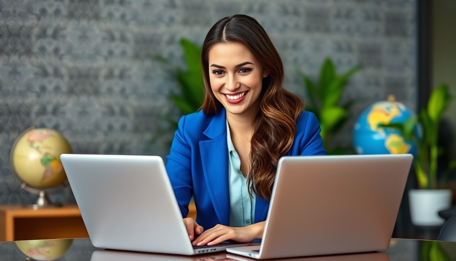 Confident female professional working on a laptop in a stylish office.