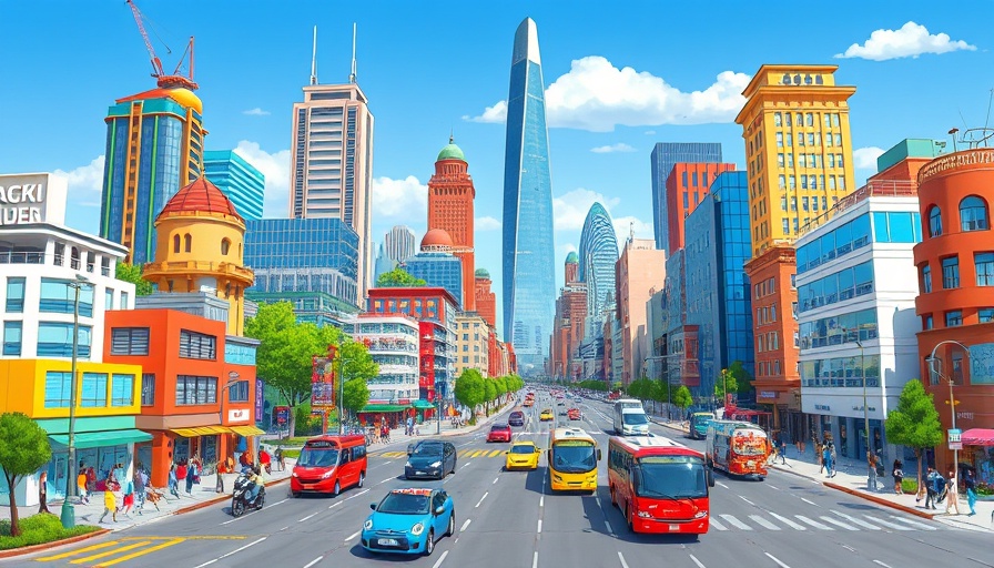 Illustrated cityscape depicting sustainable infrastructure with diverse urban activity.