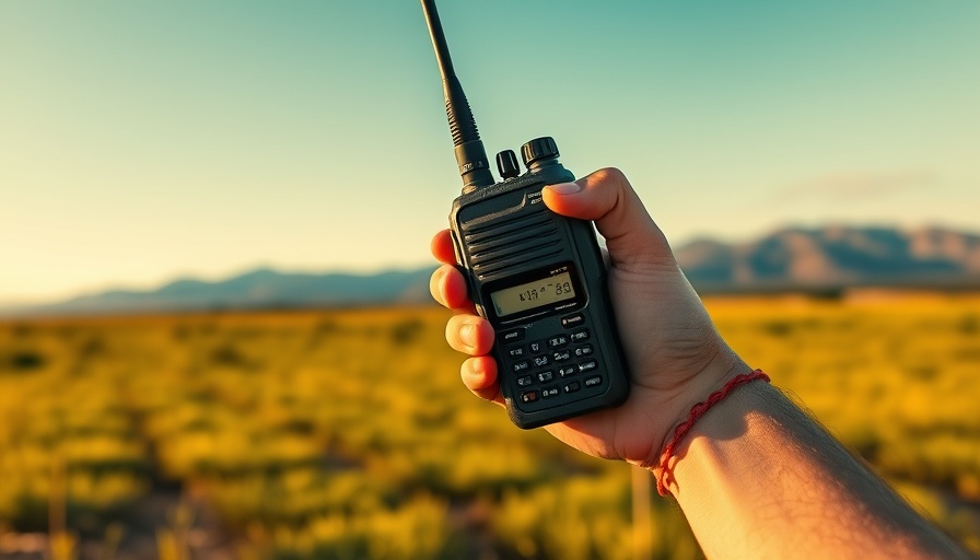 Person using reliable walkie talkie for outdoor adventures in scenic landscape.