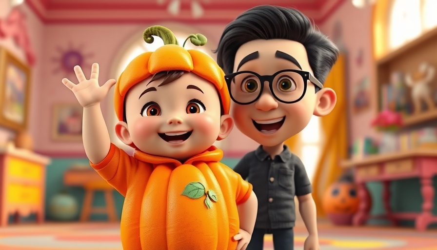 Children having fun in animated pumpkin costume scene.