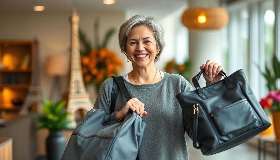 Middle-aged woman presenting crossbody travel bags indoors.