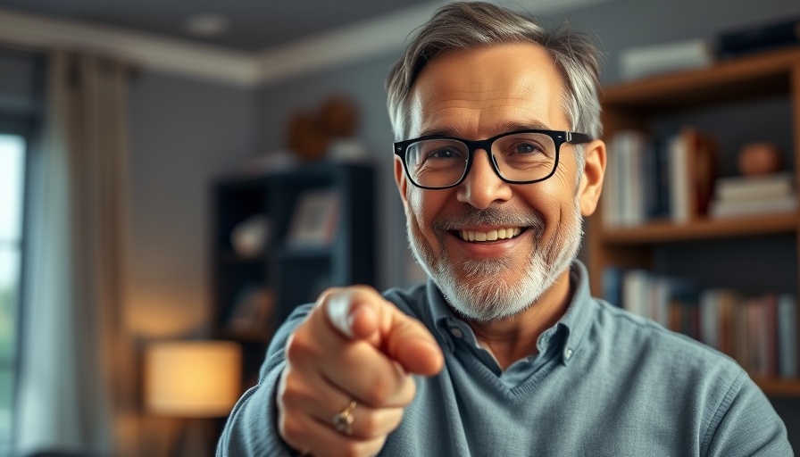 Man smiling and pointing in a dimly lit home setting.