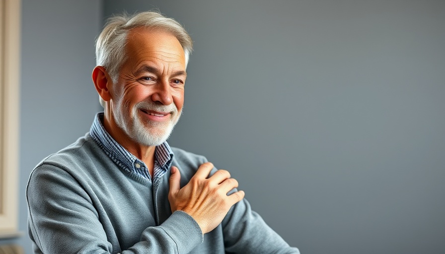 Friendly man demonstrates acupressure for vision health.