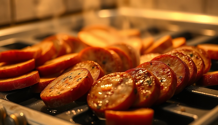 Close-up of sausage cooking in a rustic Ohio kitchen.