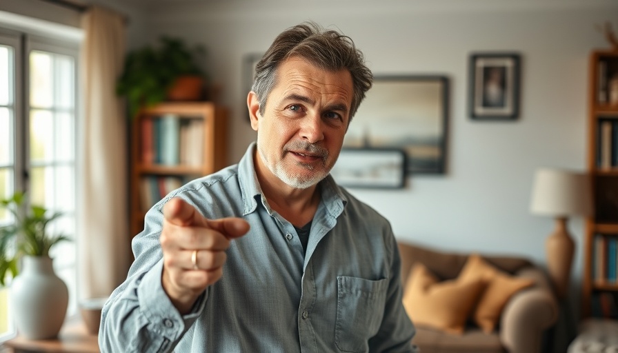 Man indoors promoting healthy food choices with a thoughtful look.