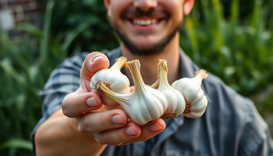 Casual man showing garlic cloves in a garden, highlighting when to plant hardneck garlic