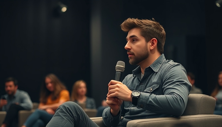 Casual man discussing ideas with relaxed demeanor in a cinematic setting.
