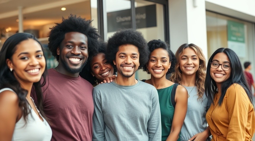 Diverse smiling community of all nationalities in front of stores.