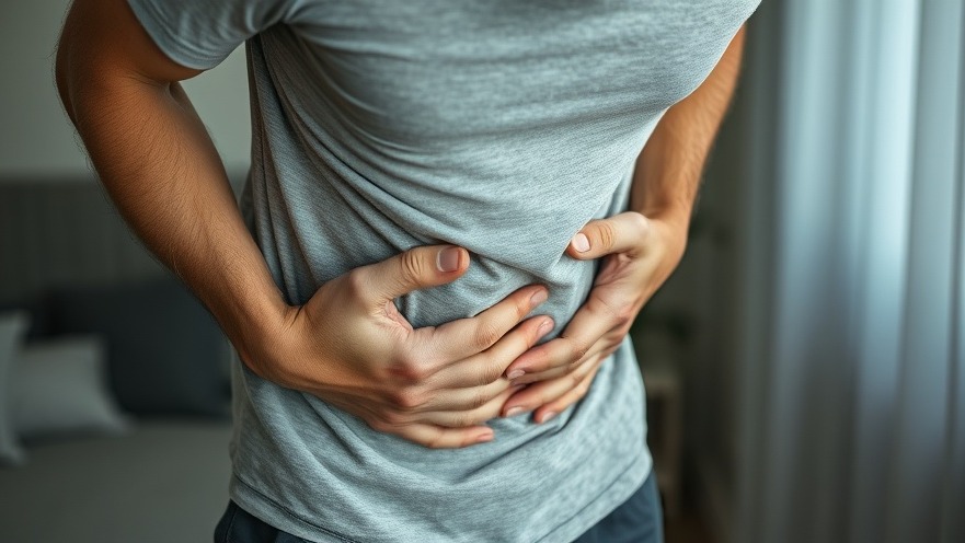 Young man in extreme pain holding his stomach, depicting urgency and distress.