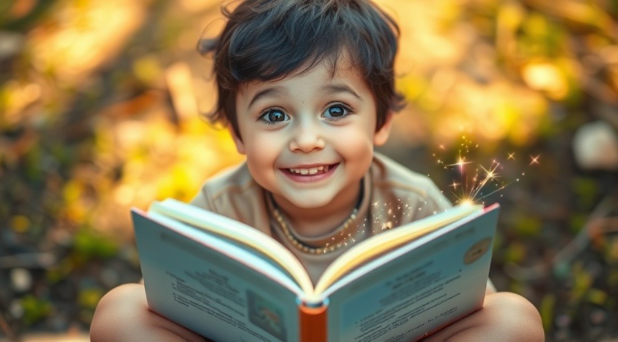 Joyful child with wonder, holding an open book with magical sparkles. Parents Dentist inspired.