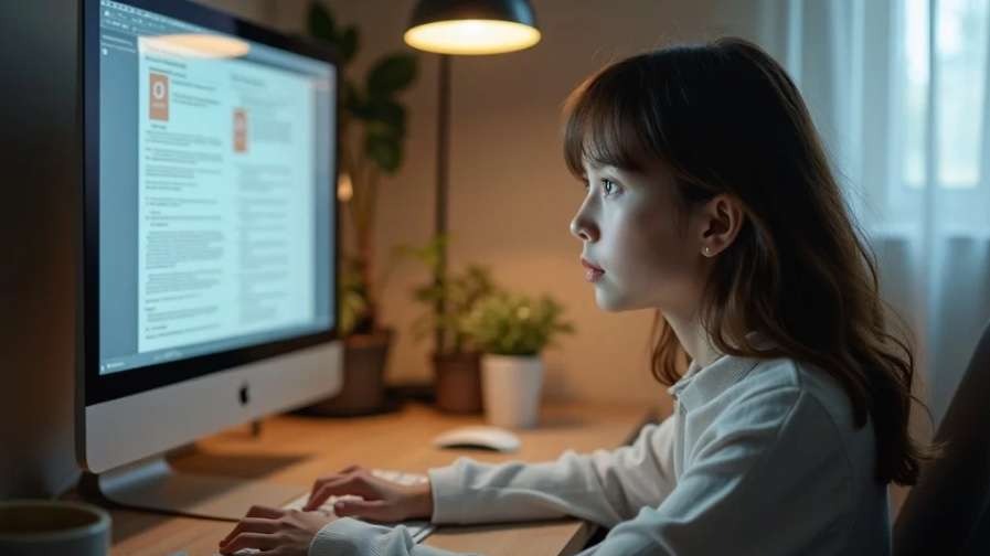 Intently studying an article on her computer screen