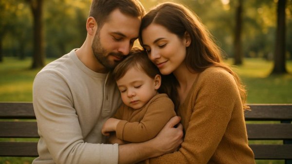 Heartwarming family moment in sunny park, urge to survive for the future generation.