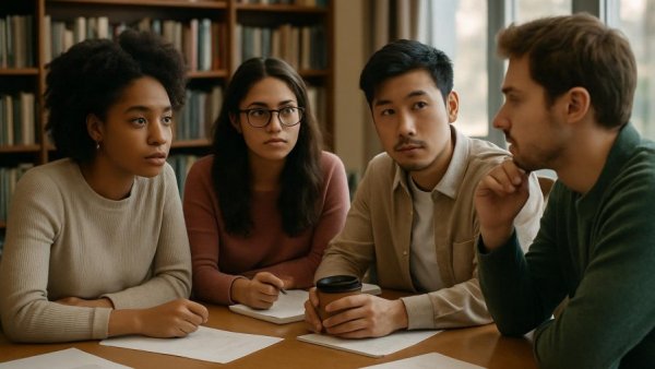 Group discussing mental health in a library setting, engaging conversation.