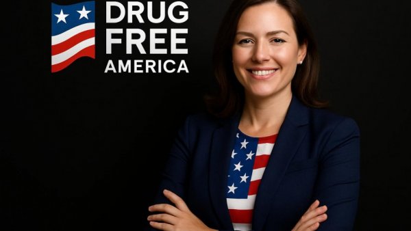 Professional woman with Drug Free America logo, highlighting marijuana addiction in teens.