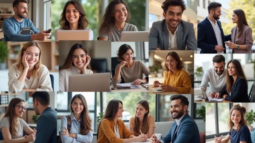 Patchwork of happy winning young people