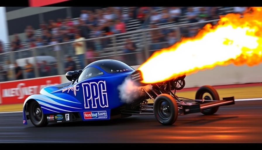 High-speed NHRA dragster with flames shooting, NHRA Racer Tasca FOX Sports Fastest Racing.