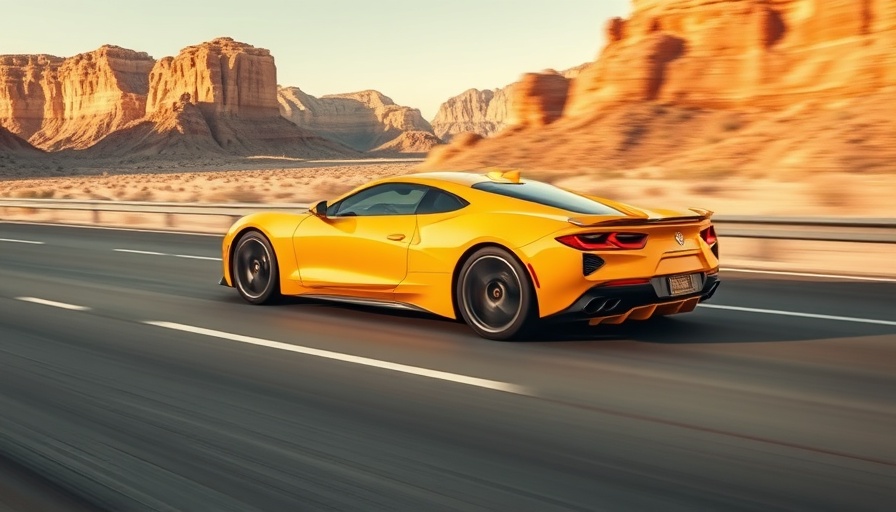 Sleek yellow car speeding on highway with desert cliffs