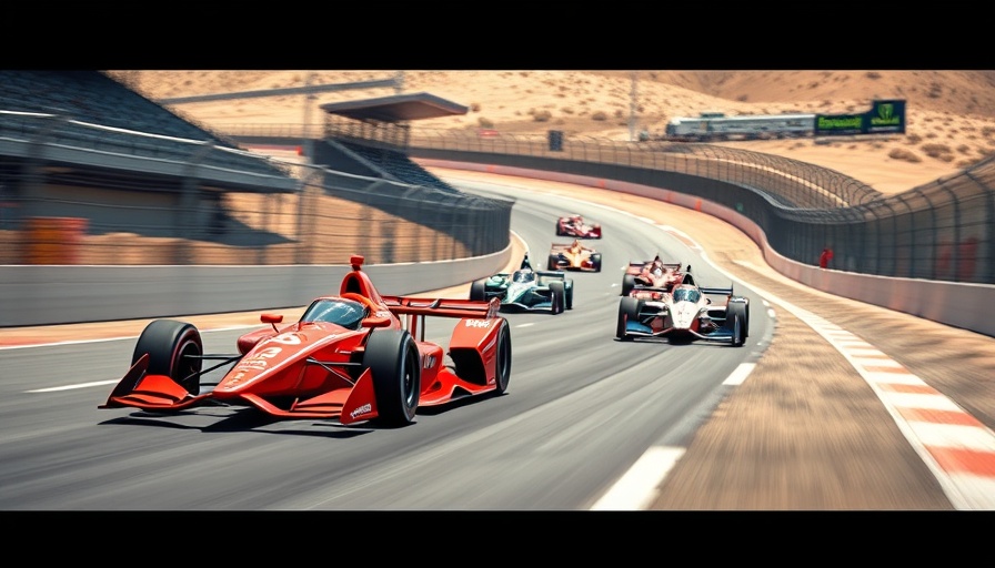 IndyCars racing at Long Beach, vibrant desert backdrop