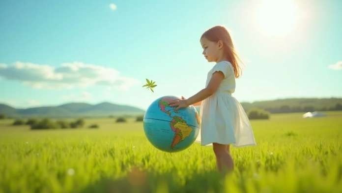 Beautiful child playing on and with planet Earth