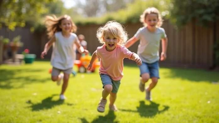 Enthusiastic kids having fun running in a park