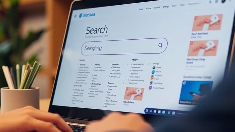 Search online for information with a laptop and digital interface.