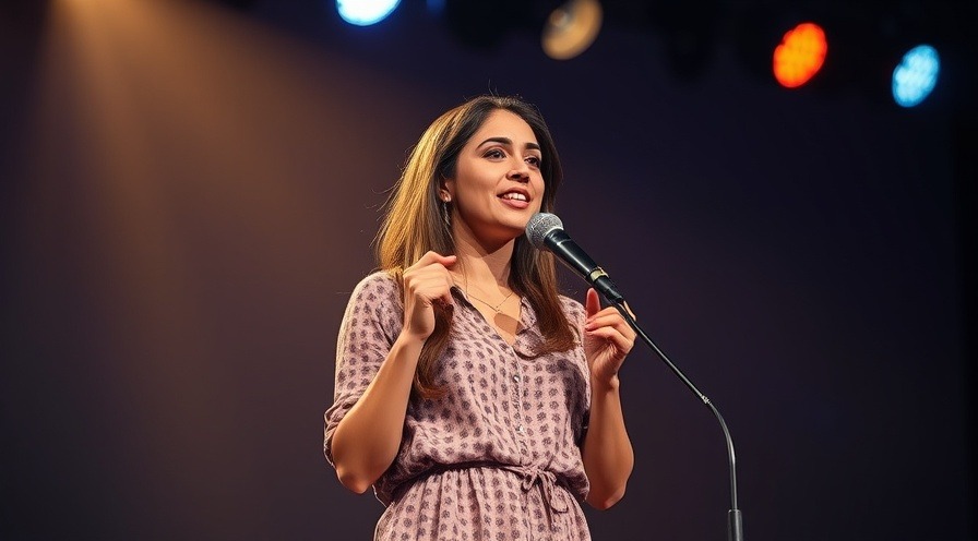 Beautiful woman speaking confidently on stage, inspiring the audience.
