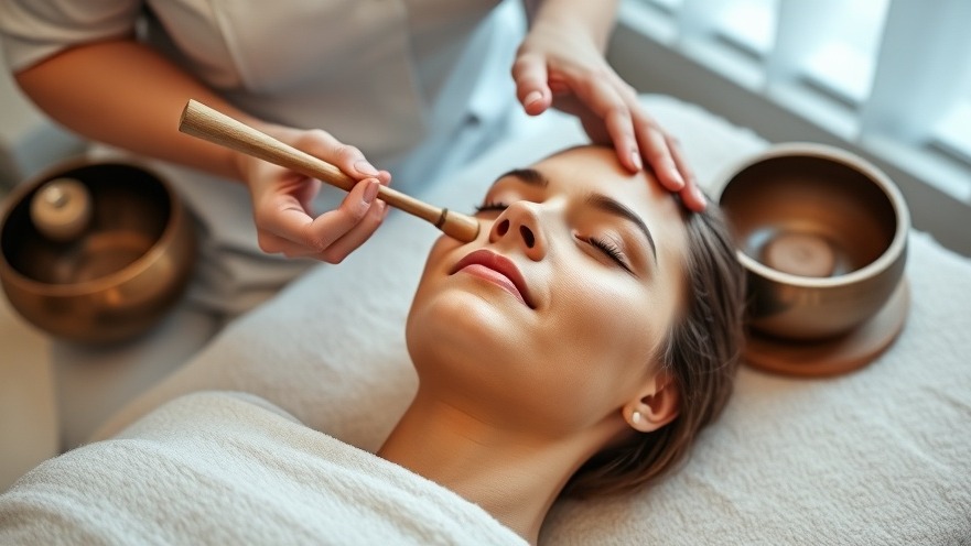 Esthetician using sound bowls during a facial to promote mental health in skincare.