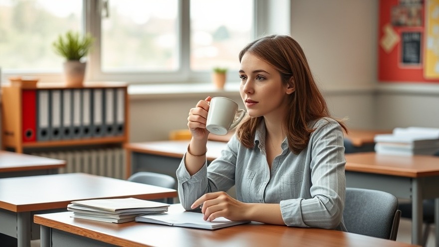 Woman teacher enjoying tea at her school desk, promoting a relaxed learning atmosphere.