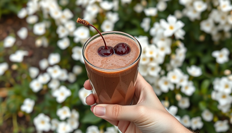 Delicious chocolate cherry smoothie held outdoors with flowers in the background.