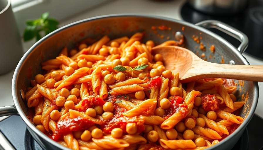 Quick dinner recipe: creamy tomato pasta in a skillet with chickpeas.
