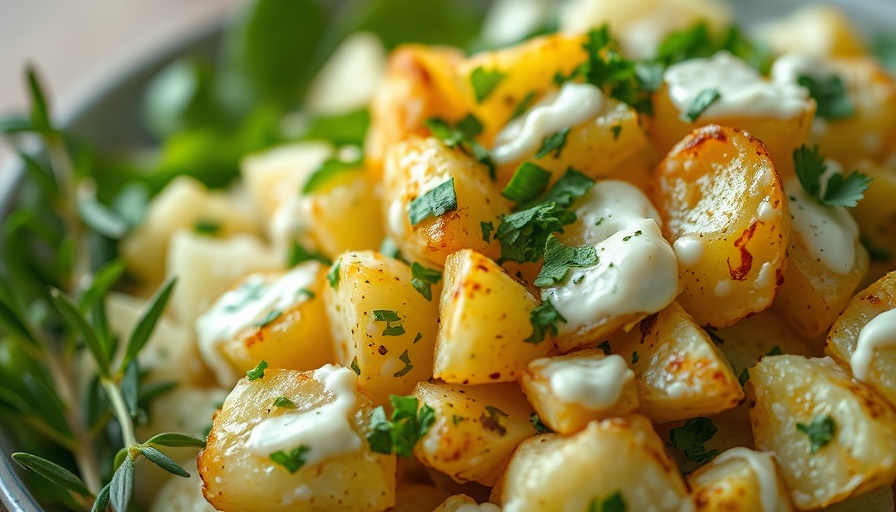 Crispy smashed potato salad with creamy dressing close-up.